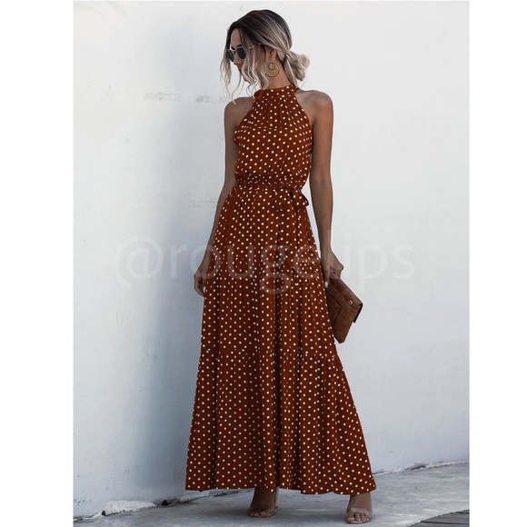 Polka Dot Brown Maxi Dress Tie Belt High Halter Neck - Picture 3 of 8